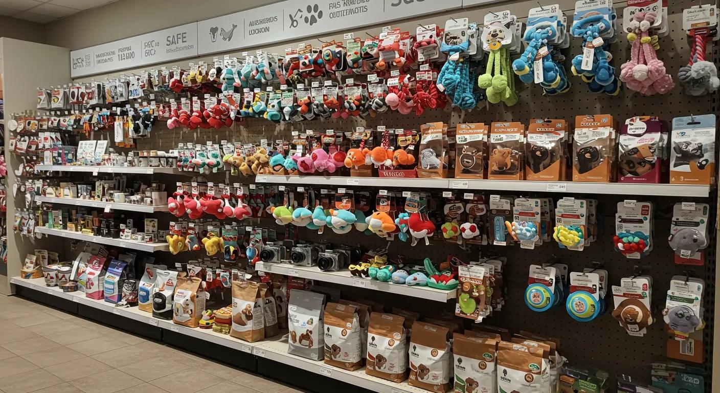 a brightly lit, modern pet store aisle showcases a diverse selection of vibrant, safe soft dog toys prominently displayed on sleek, organized shelves, highlighting labels that emphasize non-toxic materials and pet safety certifications. a brightly lit, modern pet store aisle showcases a diverse selection of vibrant, safe soft dog toys prominently displayed on sleek, organized shelves, highlighting labels that emphasize non-toxic materials and pet safety certifications.