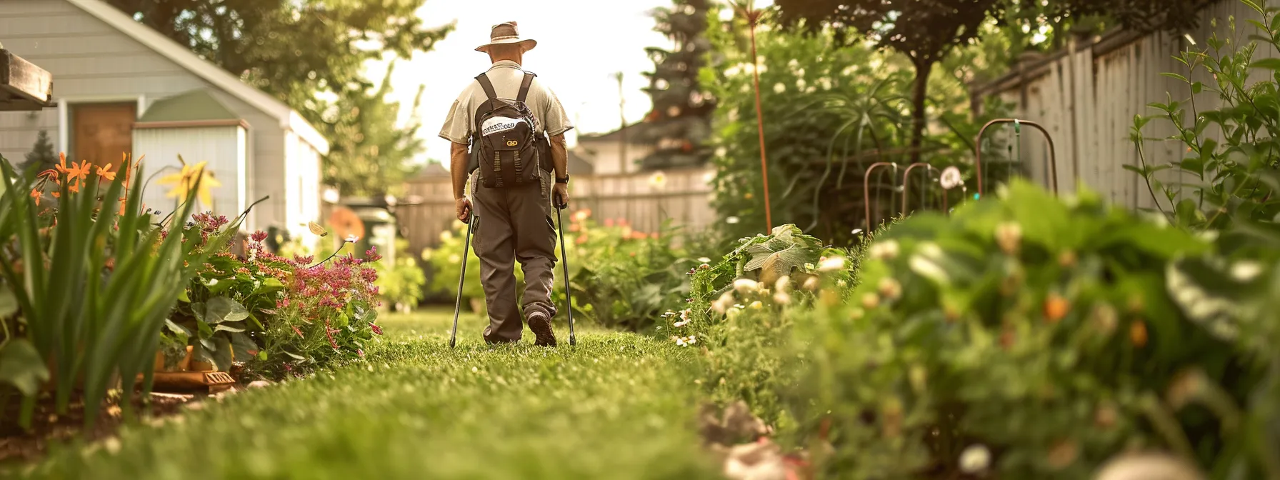 a pest control technician in indianapolis carefully inspects a backyard vegetable garden for signs of mosquito infestation.