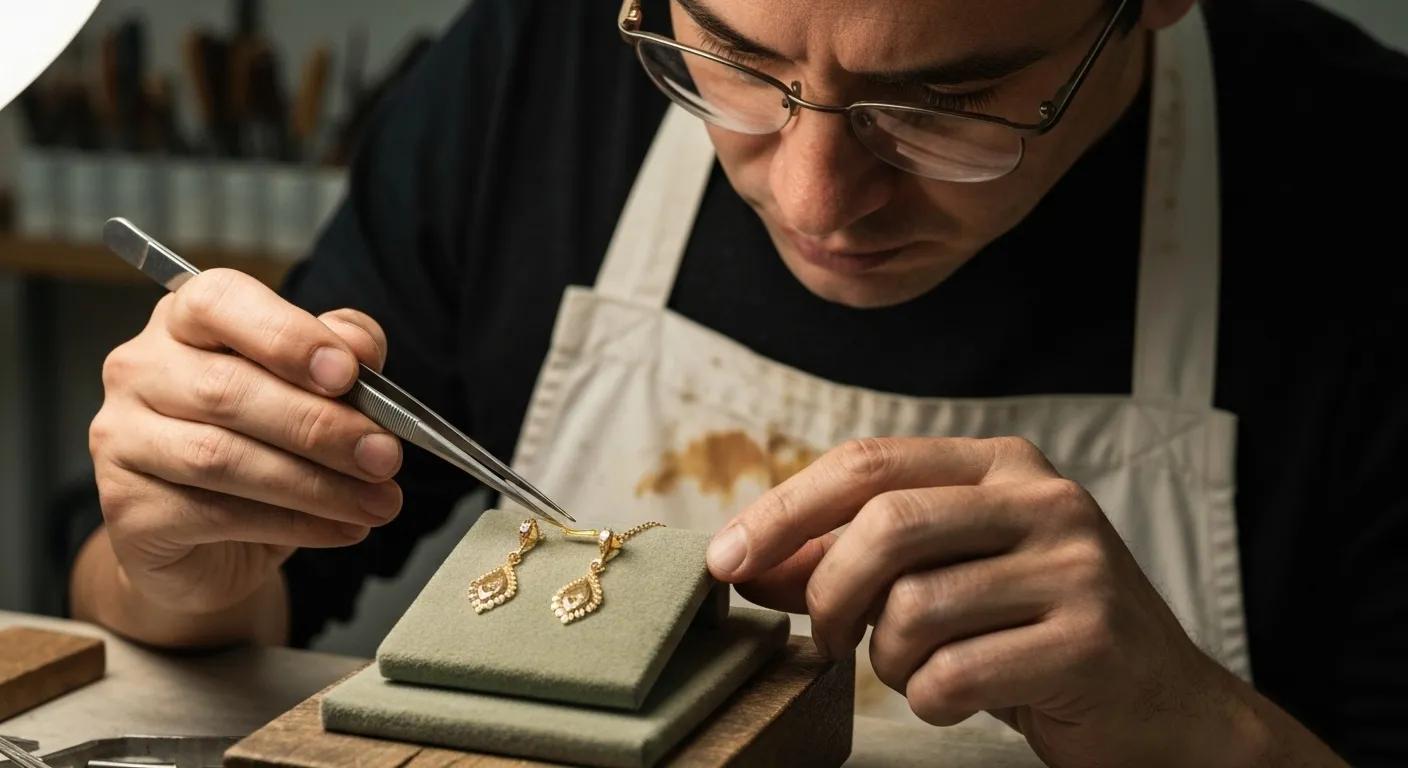 Artisan applying gold plating to fine jewelry, showcasing craftsmanship and luxury
