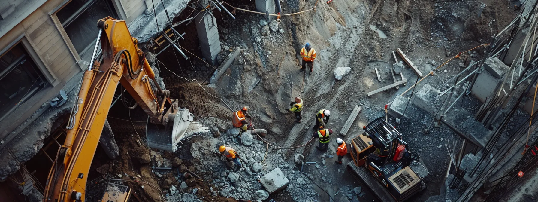 a group of construction workers practicing safe demolition techniques on a building site.