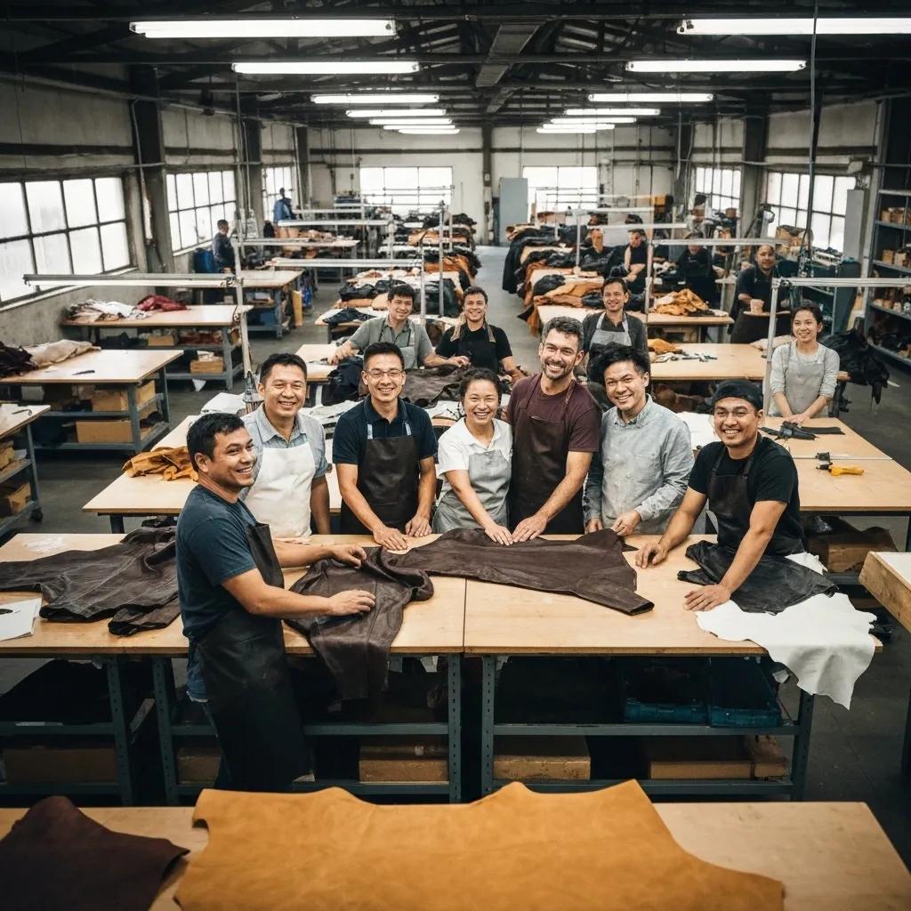 Skilled workers in a leather jacket manufacturing facility, representing the commitment to union-made production and ethical practices