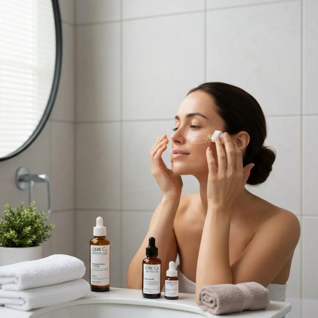 Skincare routine with GHK-Cu peptide products in a serene bathroom setting