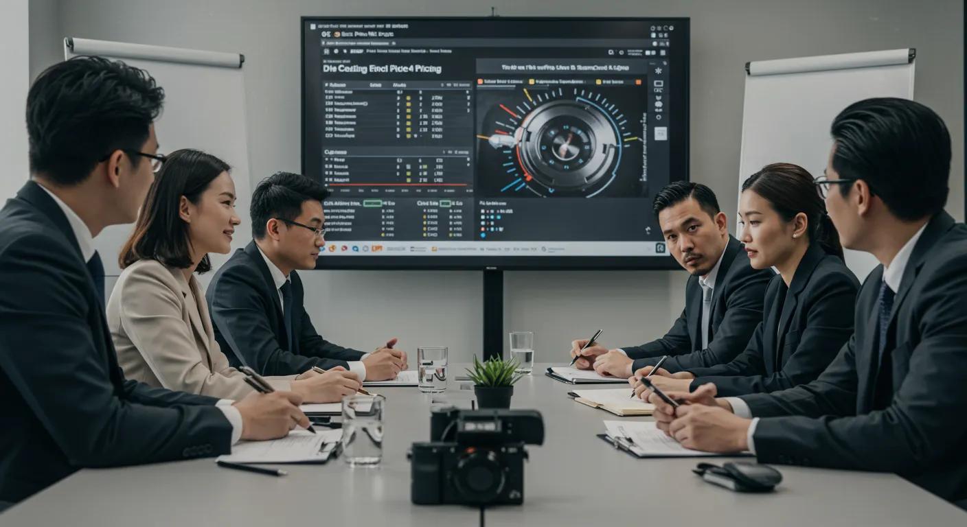 a focused, dynamic conference room scene showcases a diverse team of professionals engaged in a spirited negotiation over die casting parts pricing, with a large presentation screen displaying cost breakdowns and pricing strategies prominently in the background.