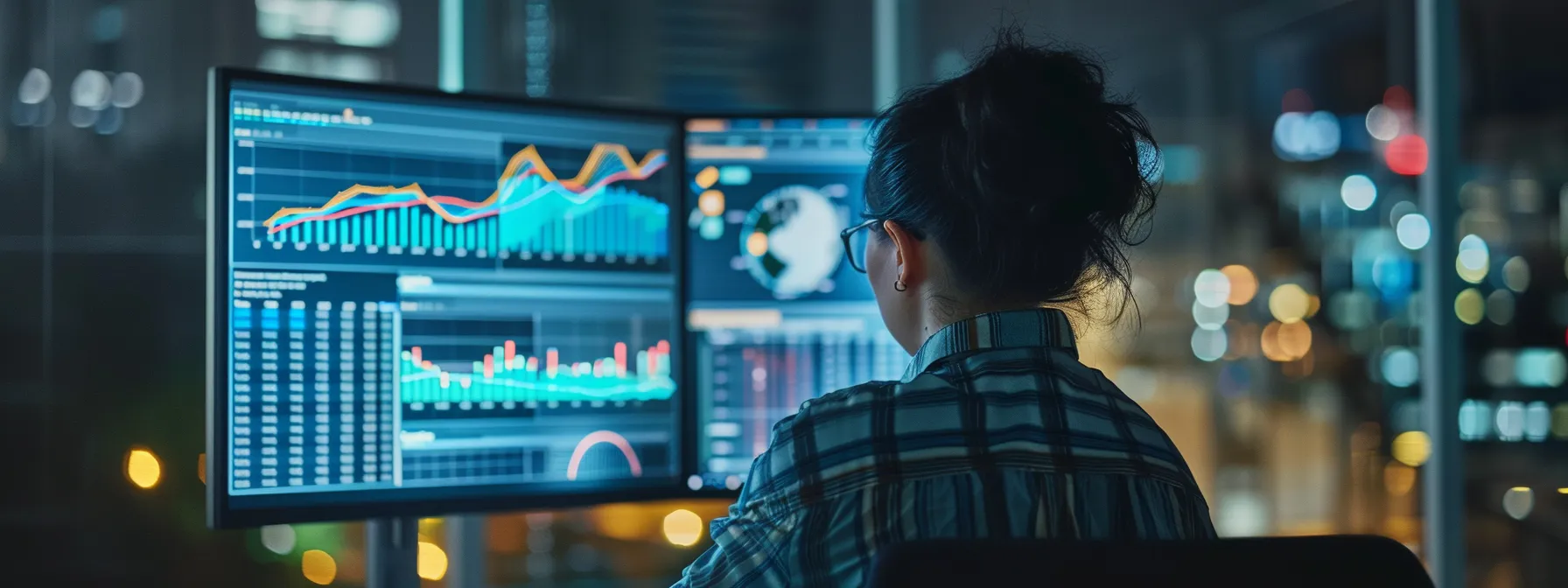 a person analyzing data on a computer screen, making adjustments and monitoring progress in a modern office setting.