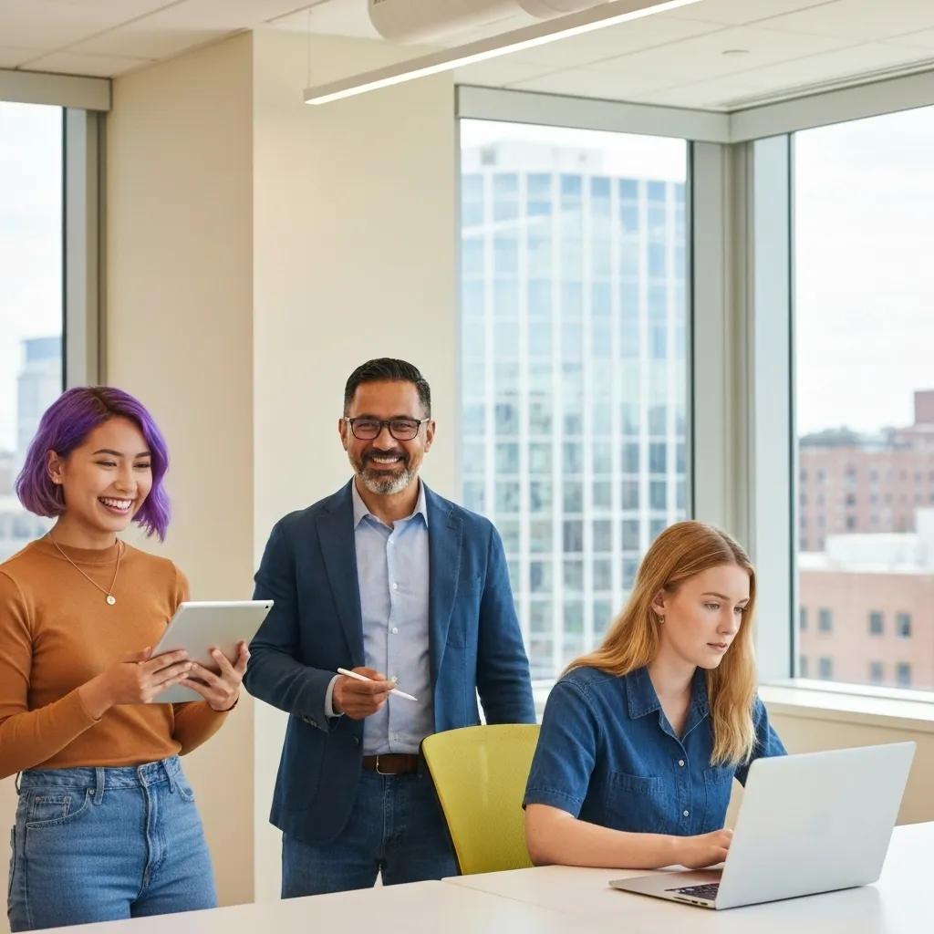 A dynamic team collaborating in a modern office, enthusiastically discussing the transformative benefits of AI agents in customer service