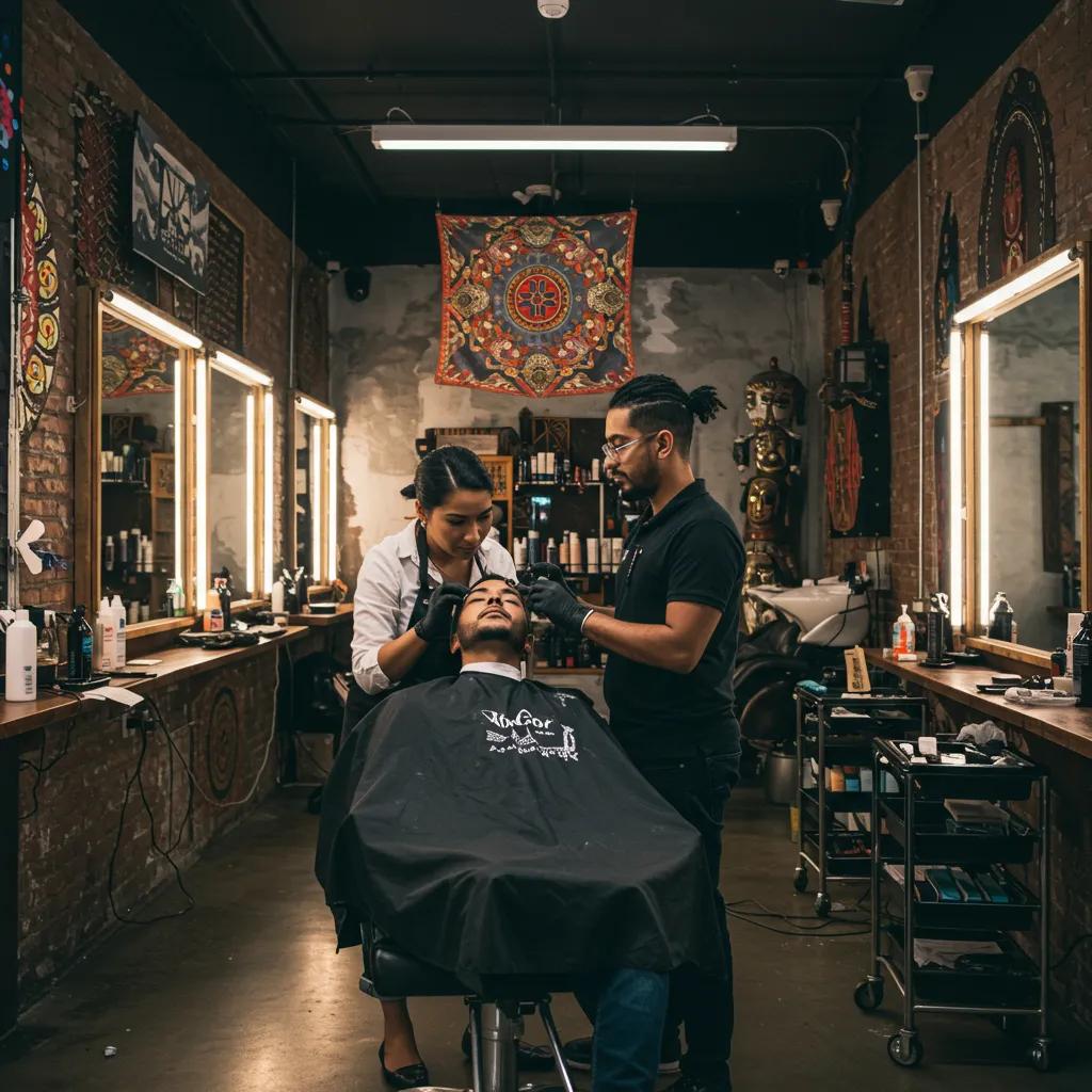 Men's eyebrow threading in a modern Brooklyn salon, highlighting precision grooming and cultural authenticity