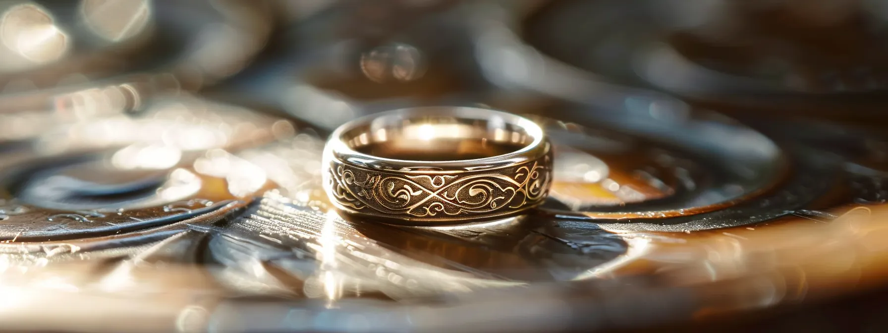 a customized wedding band featuring intricate engravings, intertwined mixed metals, cultural symbols, and unique patterns, symbolizing a couple's individual style and love story.