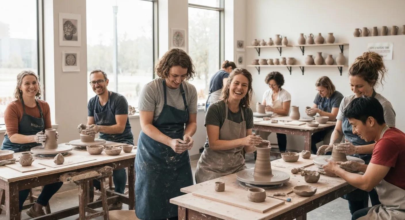 Adults happily participating in a pottery class, showcasing skill acquisition and personal enrichment