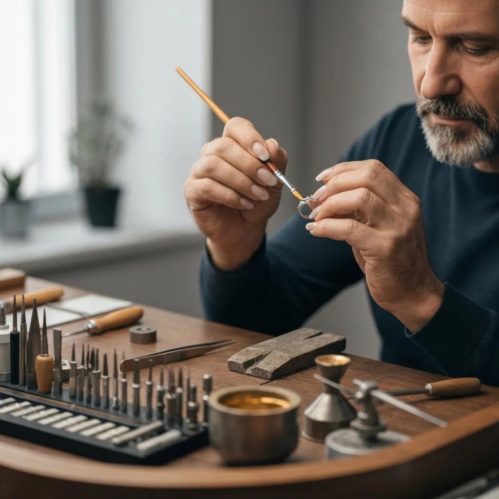 Artisan meticulously applying gold plating to exquisite jewellery in a high-end workshop