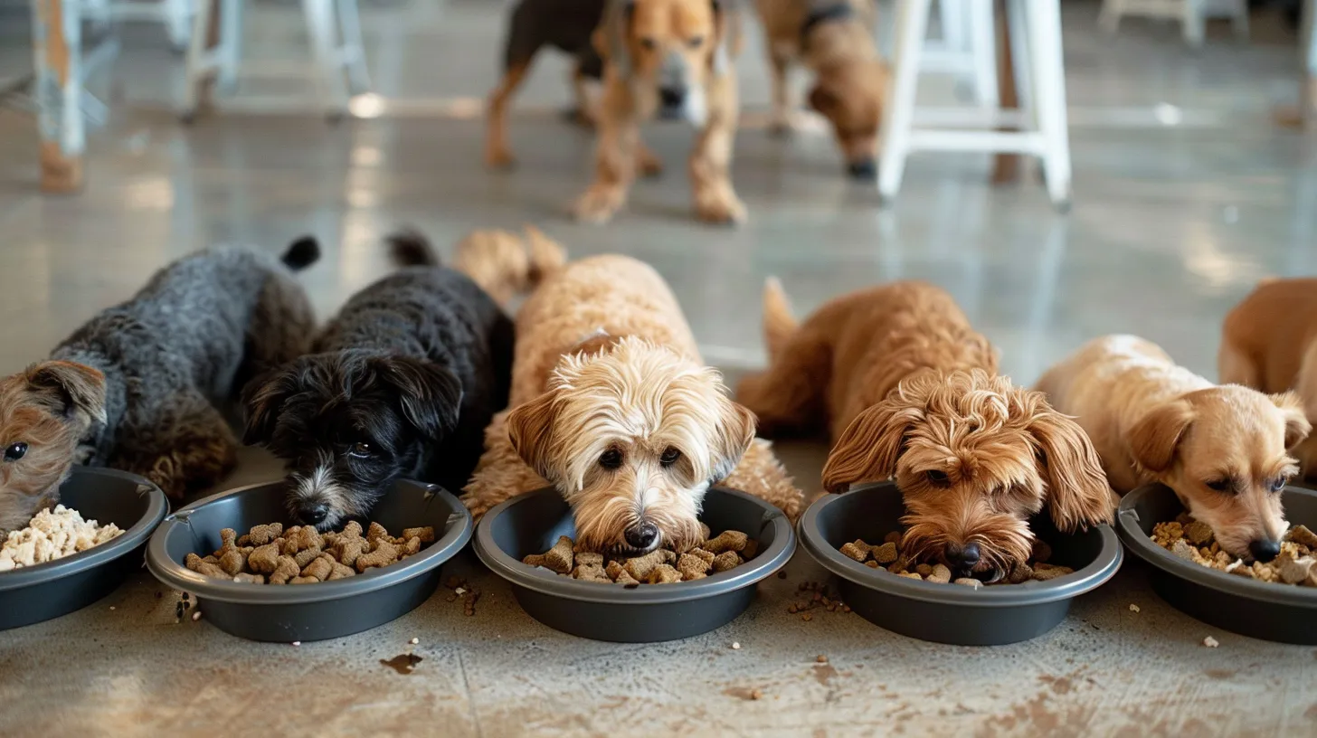 dogs peacefully eating in separate quiet dining areas at a dog boarding facility.