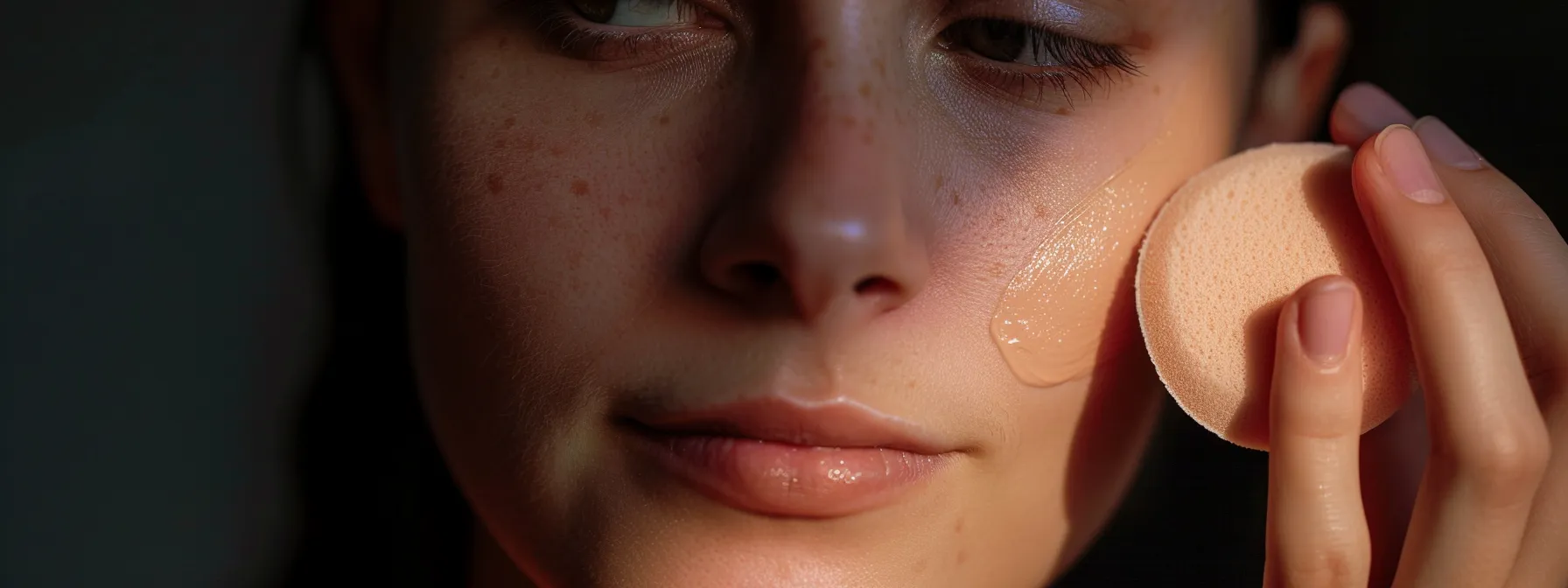 a woman with dry skin applying concealer with a damp beauty sponge.