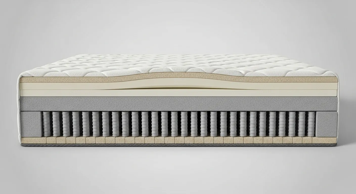 Why Buying a Mattress In-Store Beats Clicking ‘Add to Cart’ 2 Cross-section of a hybrid mattress showcasing foam layers, coil support system, and breathable cover, emphasizing material quality and comfort for in-store testing.