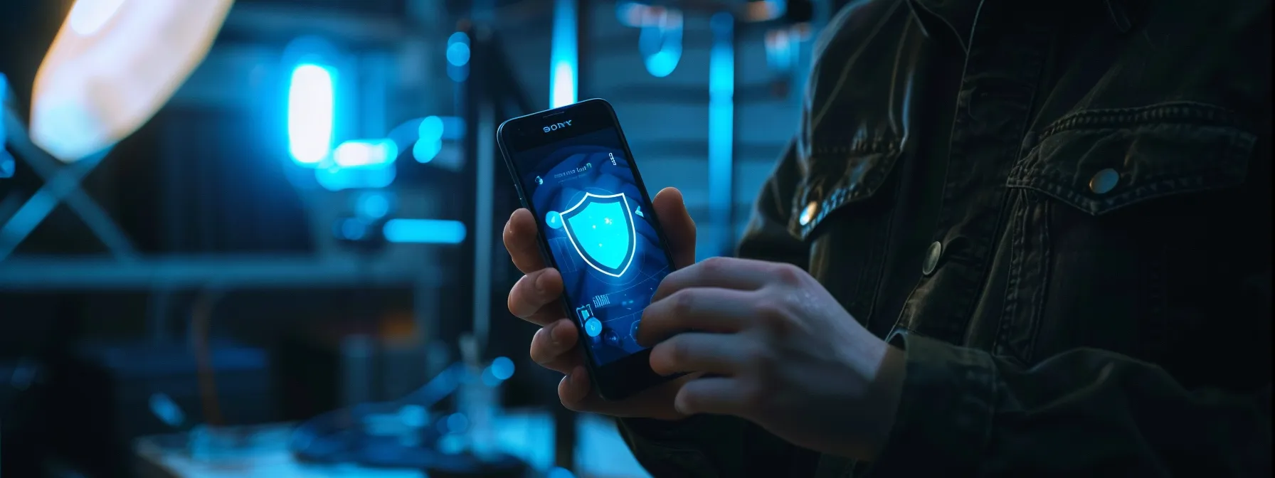 a person holding a smartphone with a shield symbol on the screen, symbolizing privacy protection.