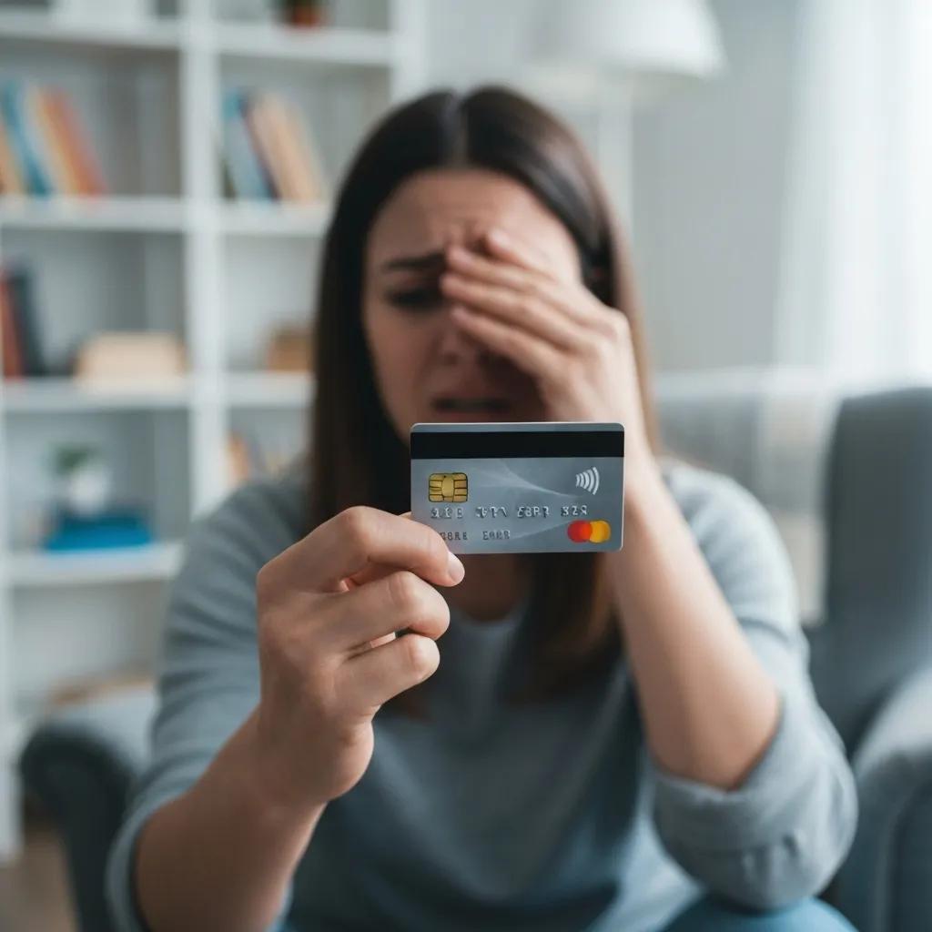 Persona sosteniendo una tarjeta de cr&eacute;dito con expresi&oacute;n de preocupaci&oacute;n, destacando los riesgos de la deuda de tarjetas de cr&eacute;dito