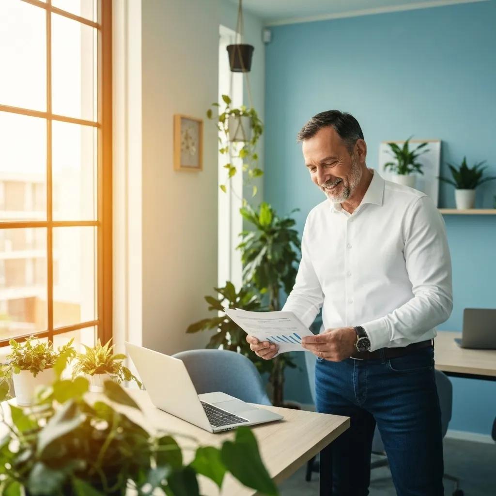 Small business owner reviewing financial documents in a cozy office, symbolizing flexible business funding