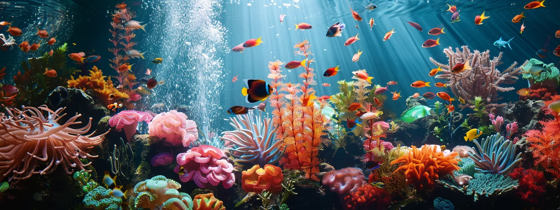 observing different fish swimming and interacting among various plants and decorations in a colorful aquarium.