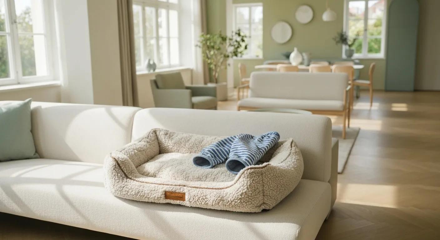 A plush orthopaedic dog bed and stylish dog apparel showcased in a chic living room setting
