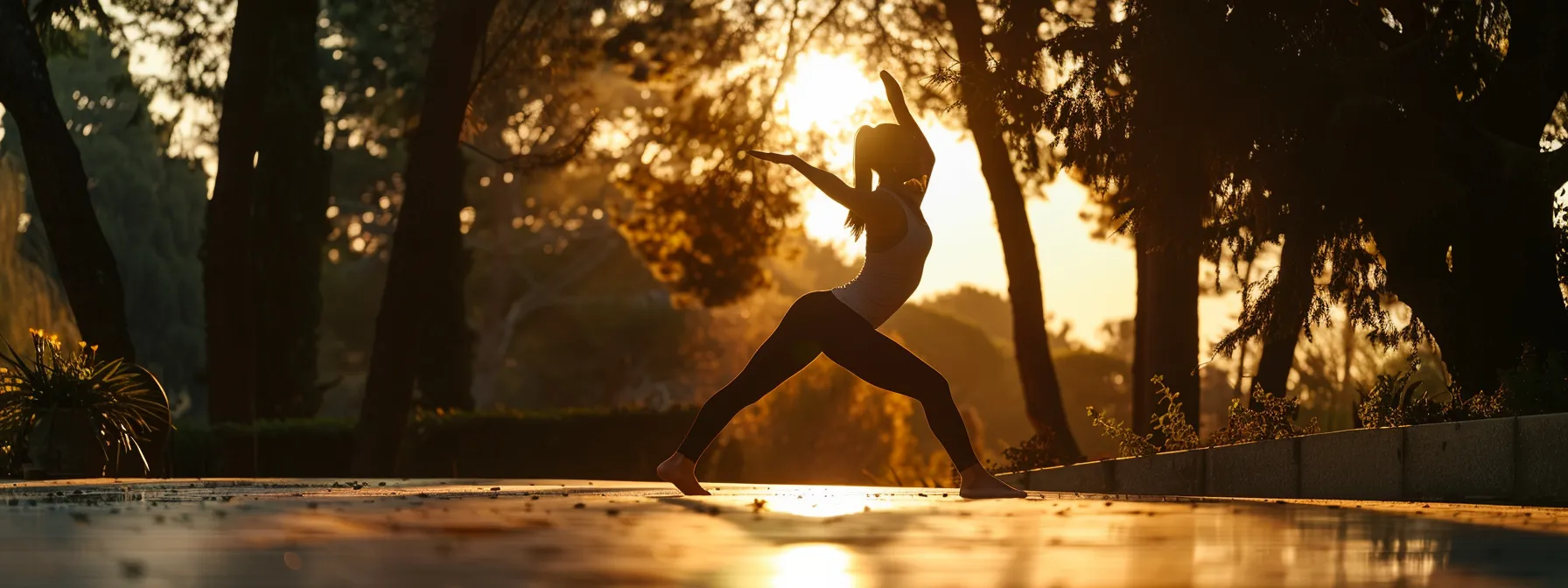 a person performing a dynamic stretch in a serene outdoor setting, embodying the synergy between physical exertion and mental fortitude for a holistic fitness approach.