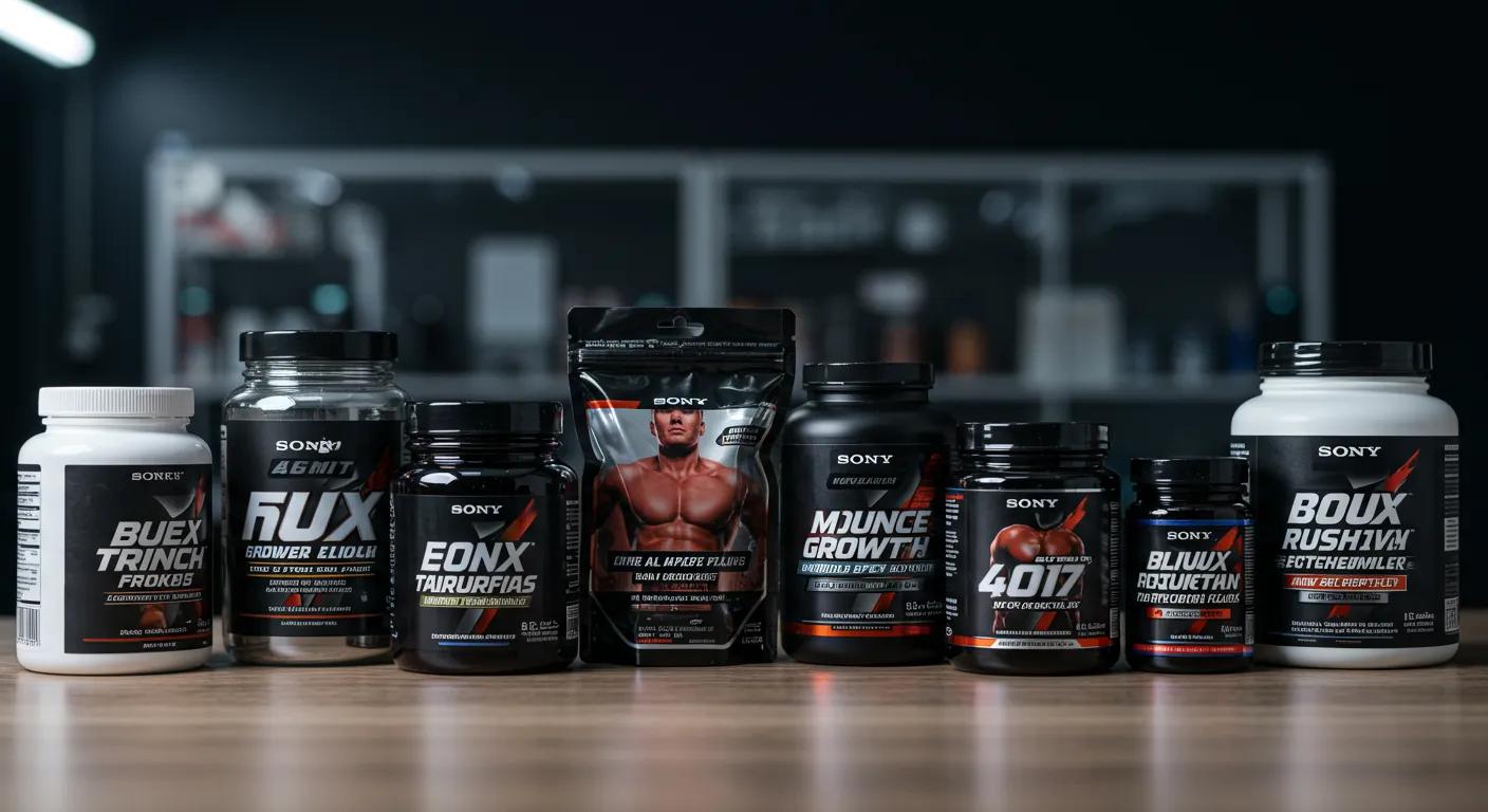 a sleek, modern office setting displays a meticulously arranged selection of high-quality muscle growth and recovery supplements, featuring transparent labels and colorful packaging that emphasize their effectiveness and safety. a sleek, modern office setting displays a meticulously arranged selection of high-quality muscle growth and recovery supplements, featuring transparent labels and colorful packaging that emphasize their effectiveness and safety.