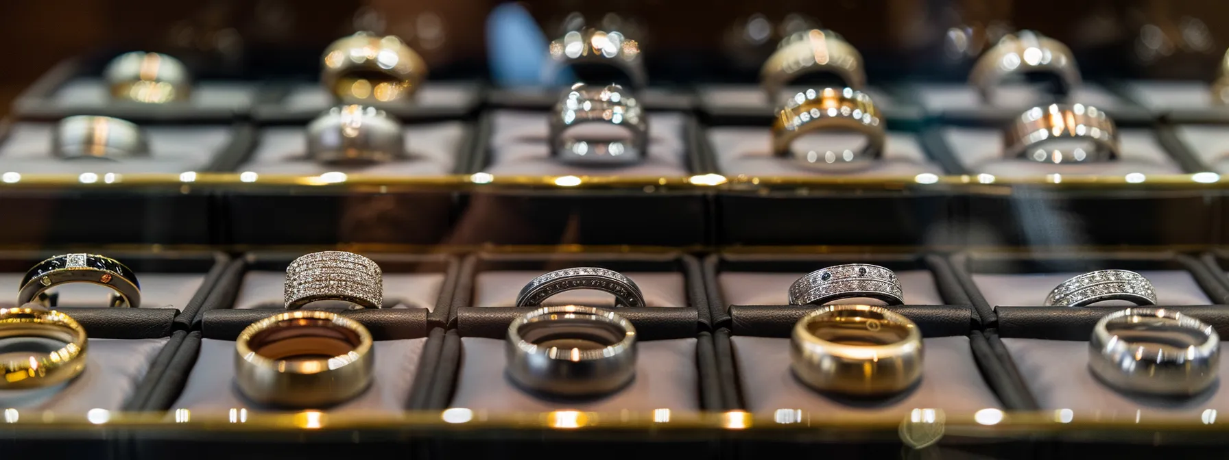 a display case showcasing various men's ring materials like tungsten, gold, titanium, sterling silver, platinum, wood, and mixed materials.