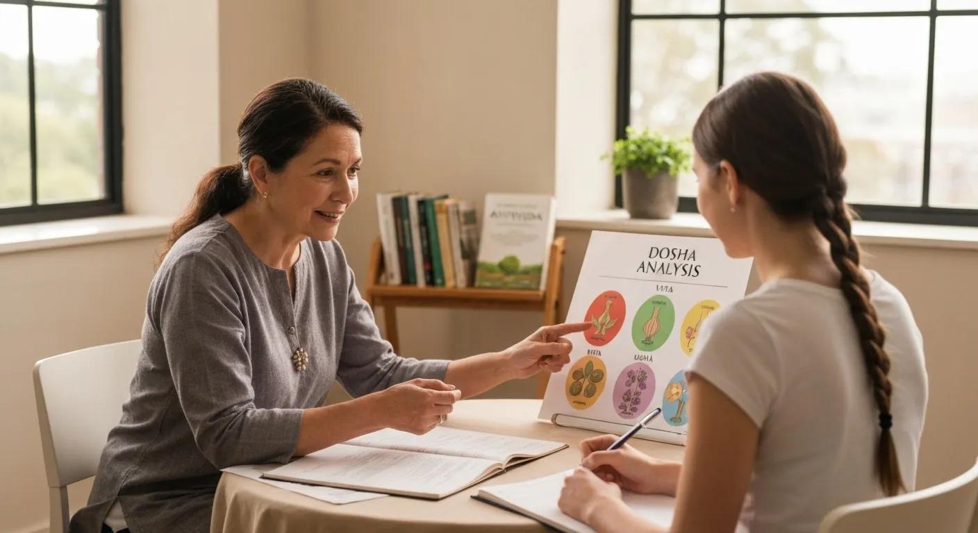 Practitioner performing dosha analysis with client, highlighting Vata, Pitta, Kapha Practitioner performing dosha analysis with client, highlighting Vata, Pitta, Kapha