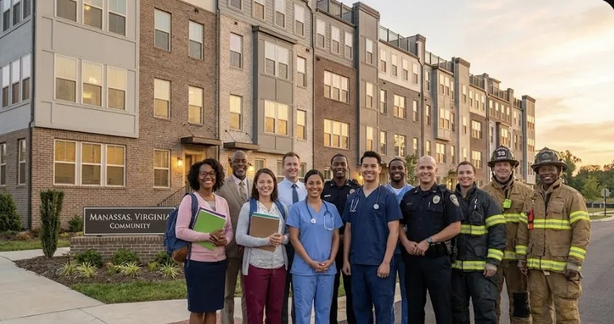 Group of essential workers—including teachers, nurses, firefighters, and police—who may benefit from new affordable apartments in Manassas. Group of essential workers—including teachers, nurses, firefighters, and police—who may benefit from new affordable apartments in Manassas.