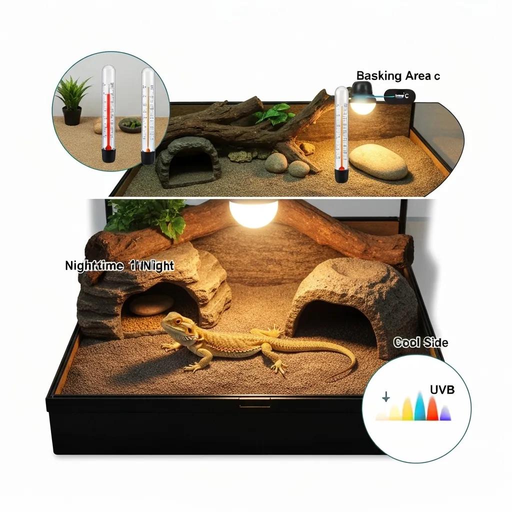 Ideal habitat setup for bearded dragons showing temperature zones and UVB lighting
