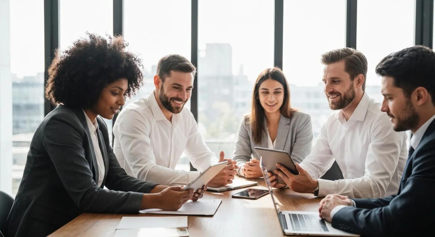 A diverse group of Sydney business owners collaborating on content strategies in a modern, bright workspace