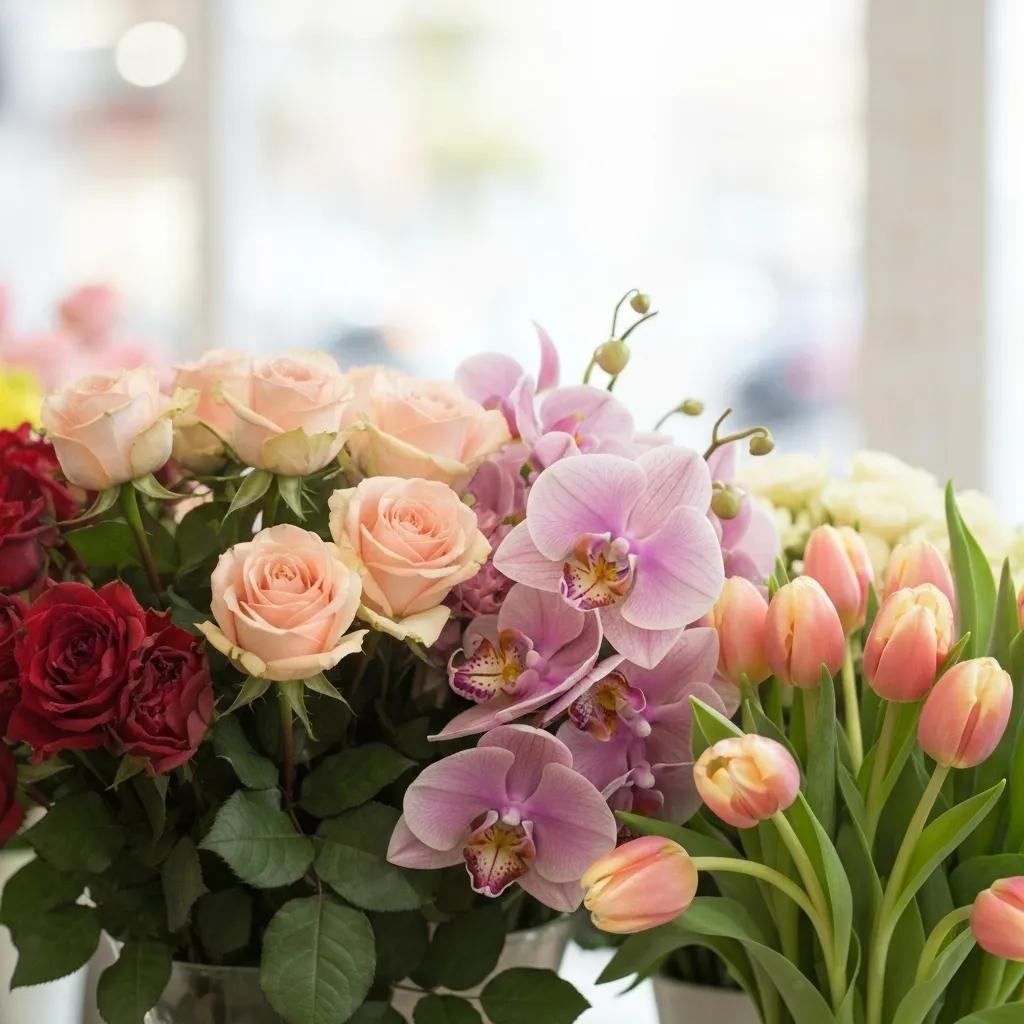 Diverse selection of flowers including roses and orchids, showcasing options for same-day delivery
