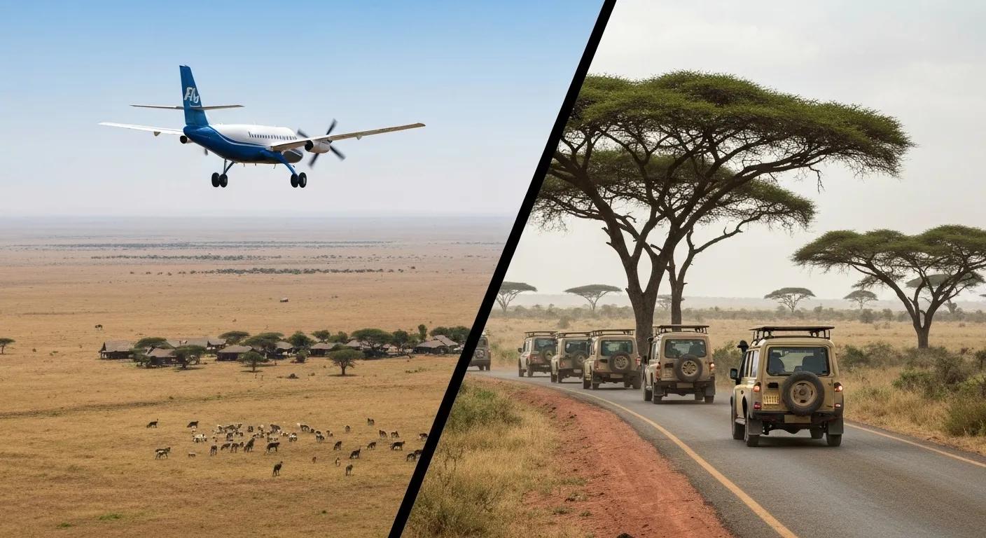Light aircraft flying over Amboseli landscape with wildlife and safari vehicles on a road, illustrating travel options to Amboseli for safari adventures.