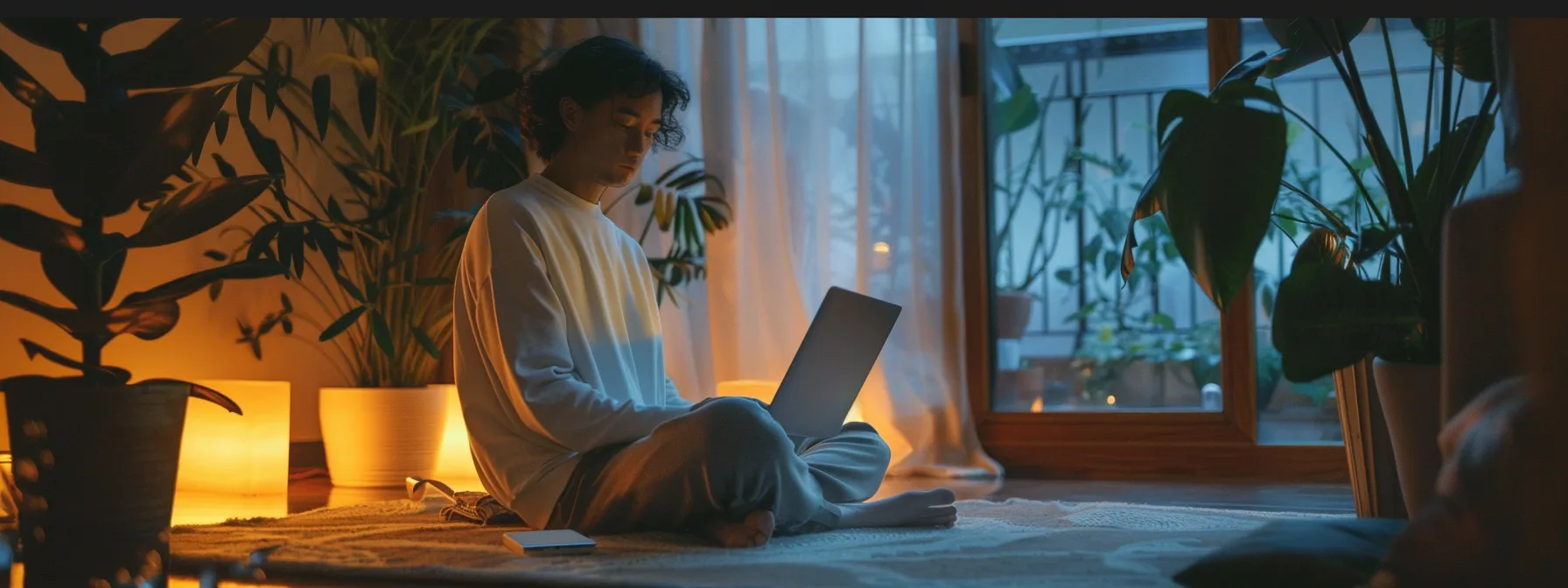 a person sitting in a cozy room, watching diverse mindfulness videos on a laptop.