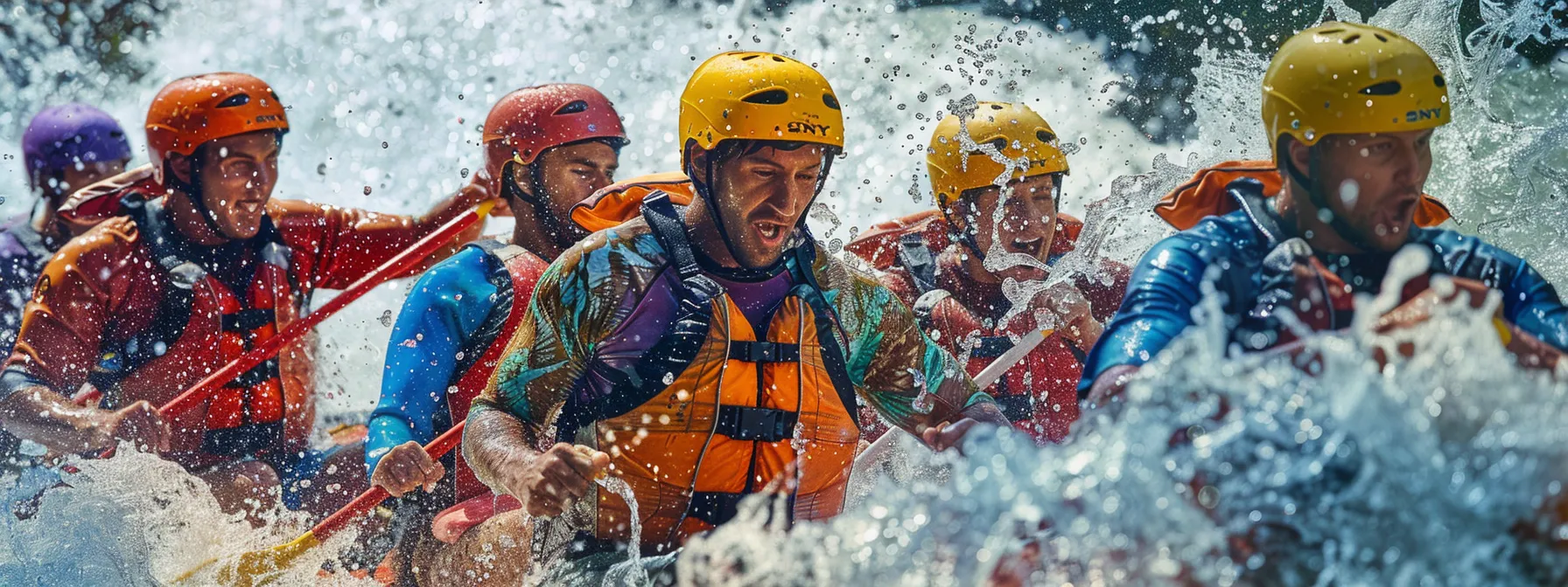 a group of rafters in colorful helmets navigating through turbulent rapids in tennessee.