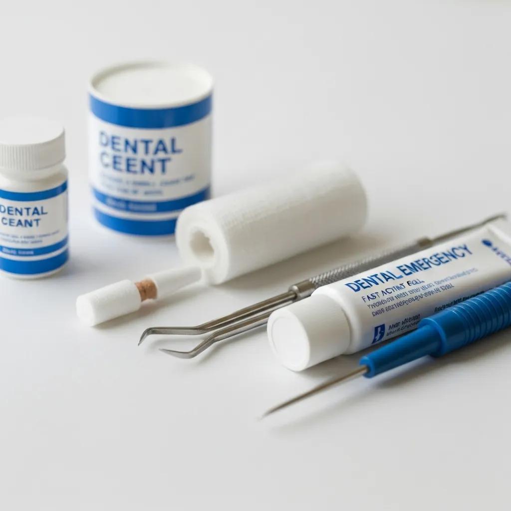 Dental emergency kit with essential items for immediate care including dental cement and gauze