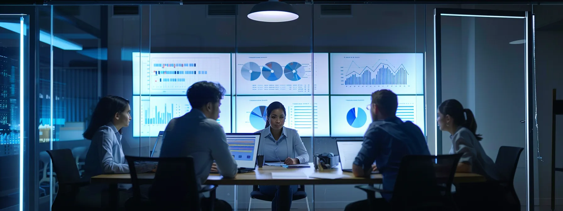 a group of marketing professionals analyzing data around a conference table, working on a comprehensive seo strategy for a client.