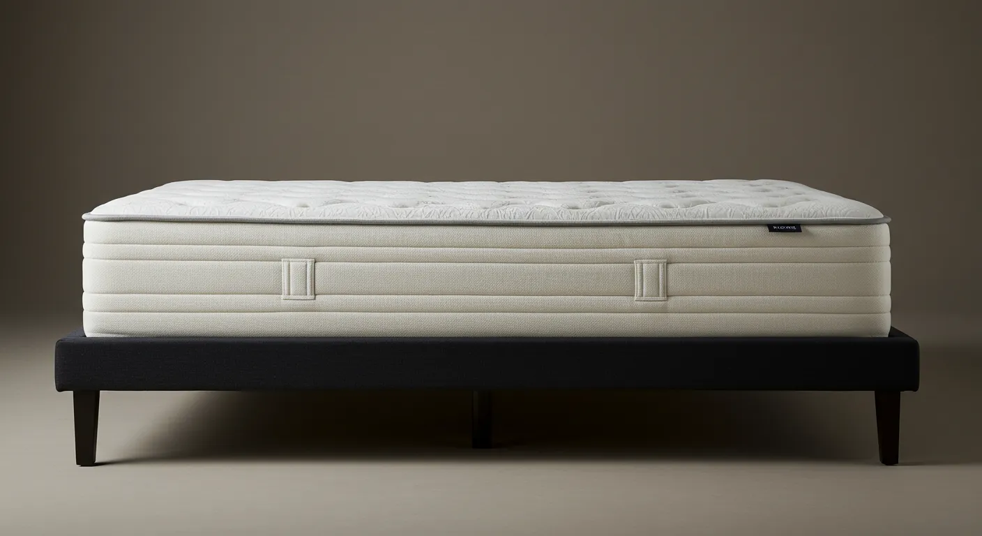 Side view of a tall, layered mattress with neatly tucked bedding Side view of a tall, layered mattress with neatly tucked bedding