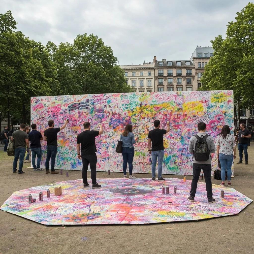 An eye-catching guerrilla marketing installation in a city park, sparking curiosity An eye-catching guerrilla marketing installation in a city park, sparking curiosity
