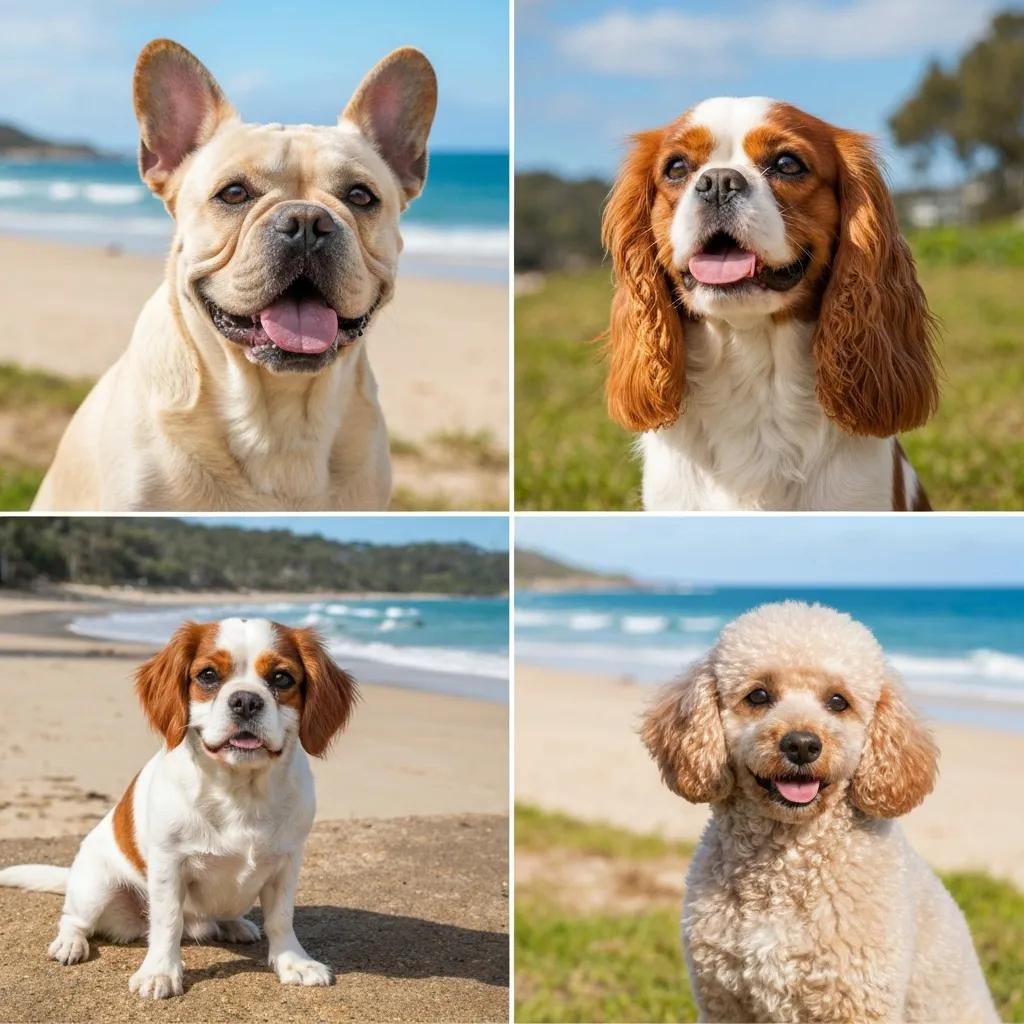 A vibrant collage showcasing popular dog breeds available on the Gold Coast, including a friendly Labrador and a charming French Bulldog