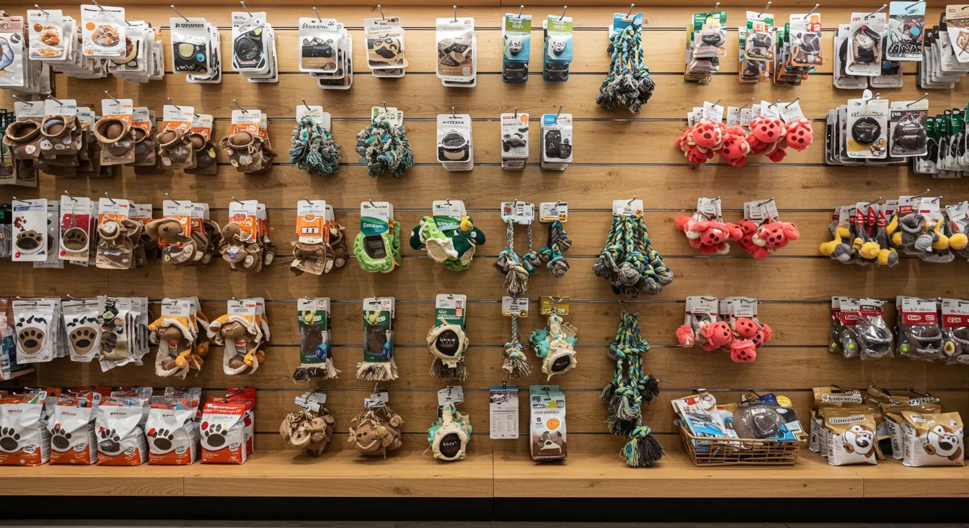 a vibrant indoor pet supply store showcases a variety of worn dog toys on a sleek wooden display, emphasizing the importance of regular inspections and replacements for pet safety. a vibrant indoor pet supply store showcases a variety of worn dog toys on a sleek wooden display, emphasizing the importance of regular inspections and replacements for pet safety.