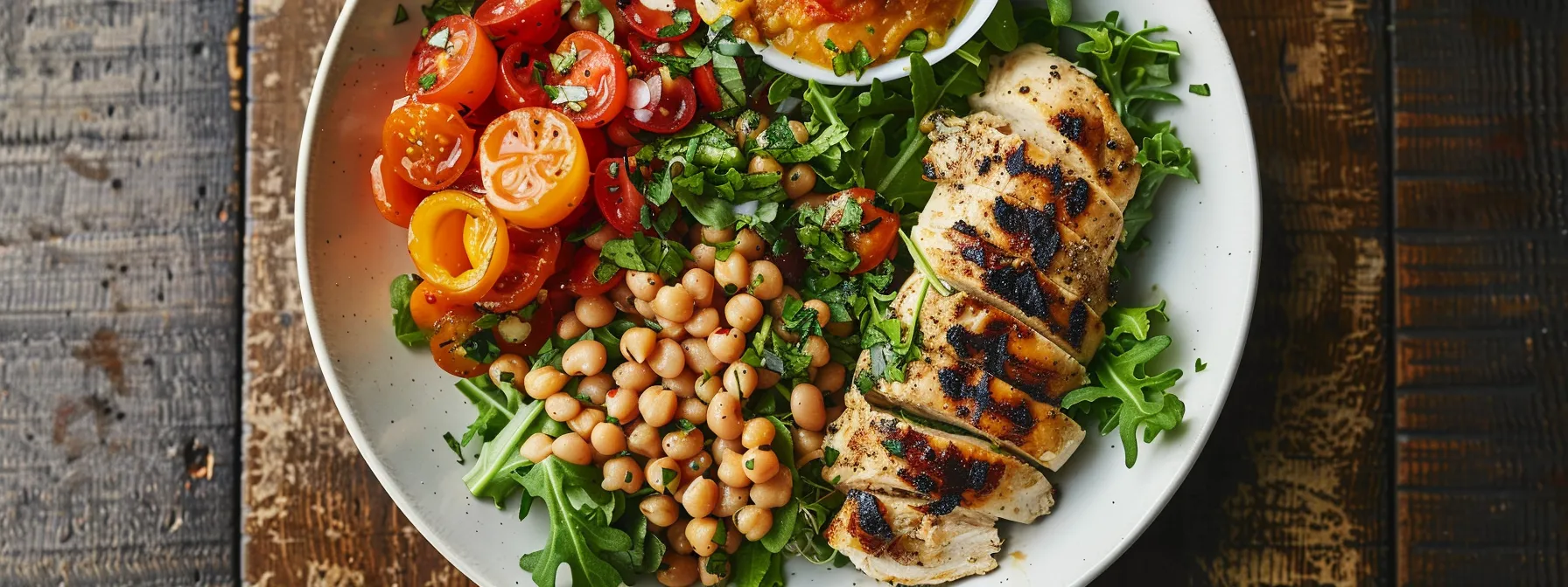 a plate filled with protein-rich foods like chicken and beans, accompanied by a side of carbohydrates and healthy fats.