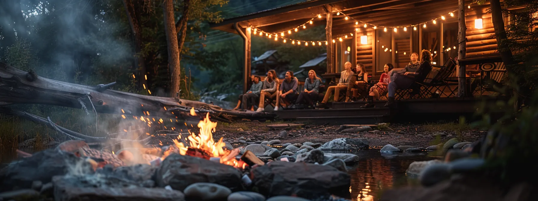 families gathered around a campfire, roasting marshmallows and sharing stories at the river cabin.