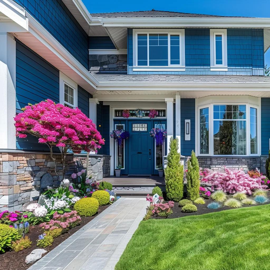 Attractive home exterior with enhanced curb appeal showcasing a painted front door and landscaped garden Attractive home exterior with enhanced curb appeal showcasing a painted front door and landscaped garden