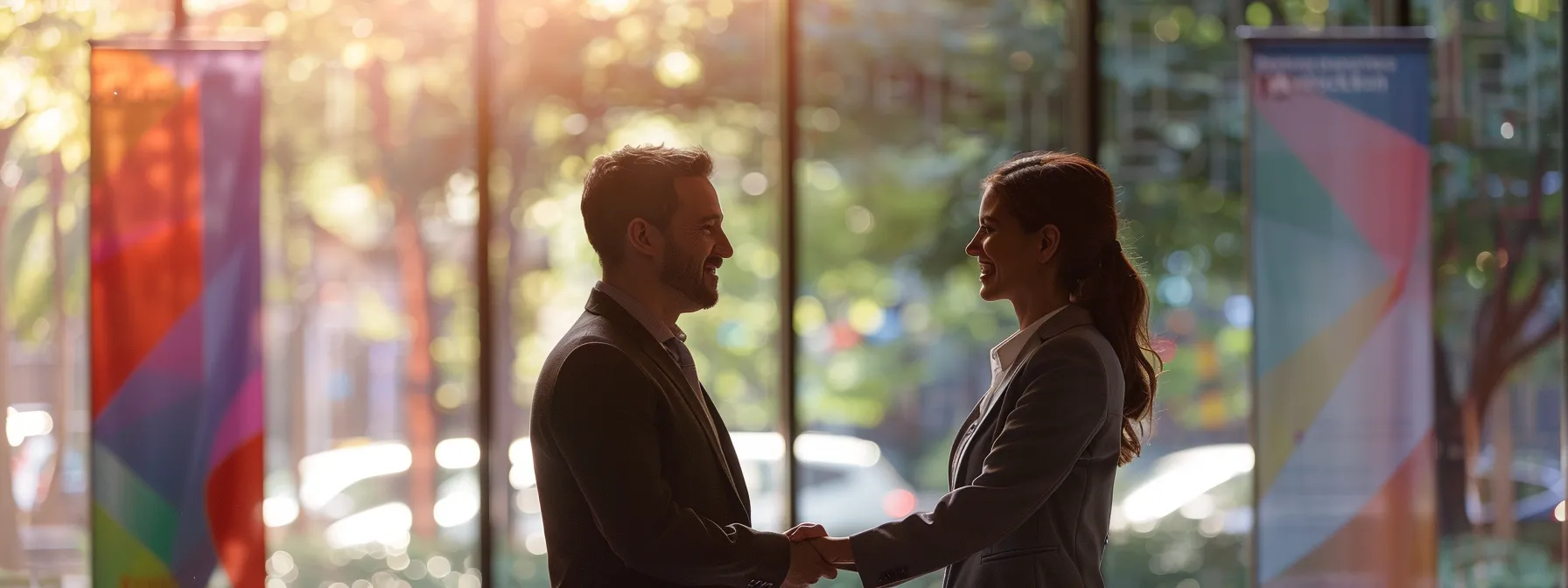 two business owners shaking hands in front of a local event banner.