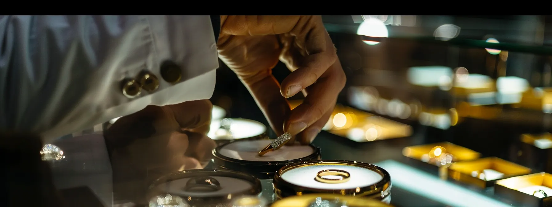 a person carefully examining a selection of wedding rings at a jewelry store.