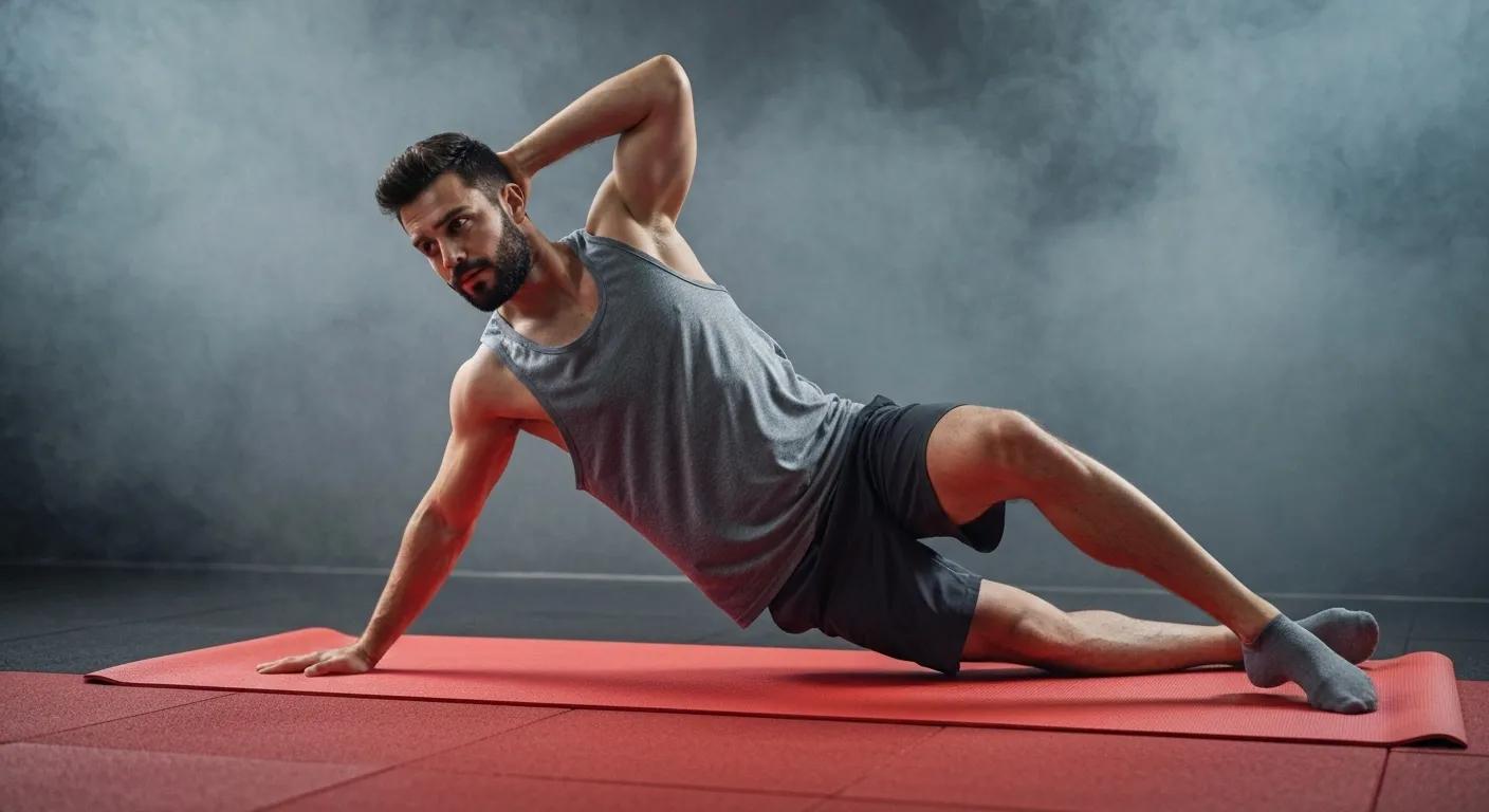 Athlete performing a recovery exercise on a gym mat, highlighting MK-677's recovery benefits