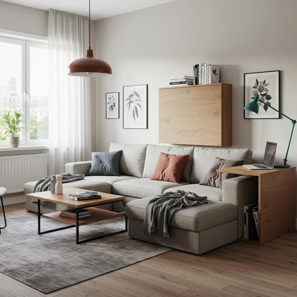 Compact living area with multi-functional furniture showcasing space-saving designs