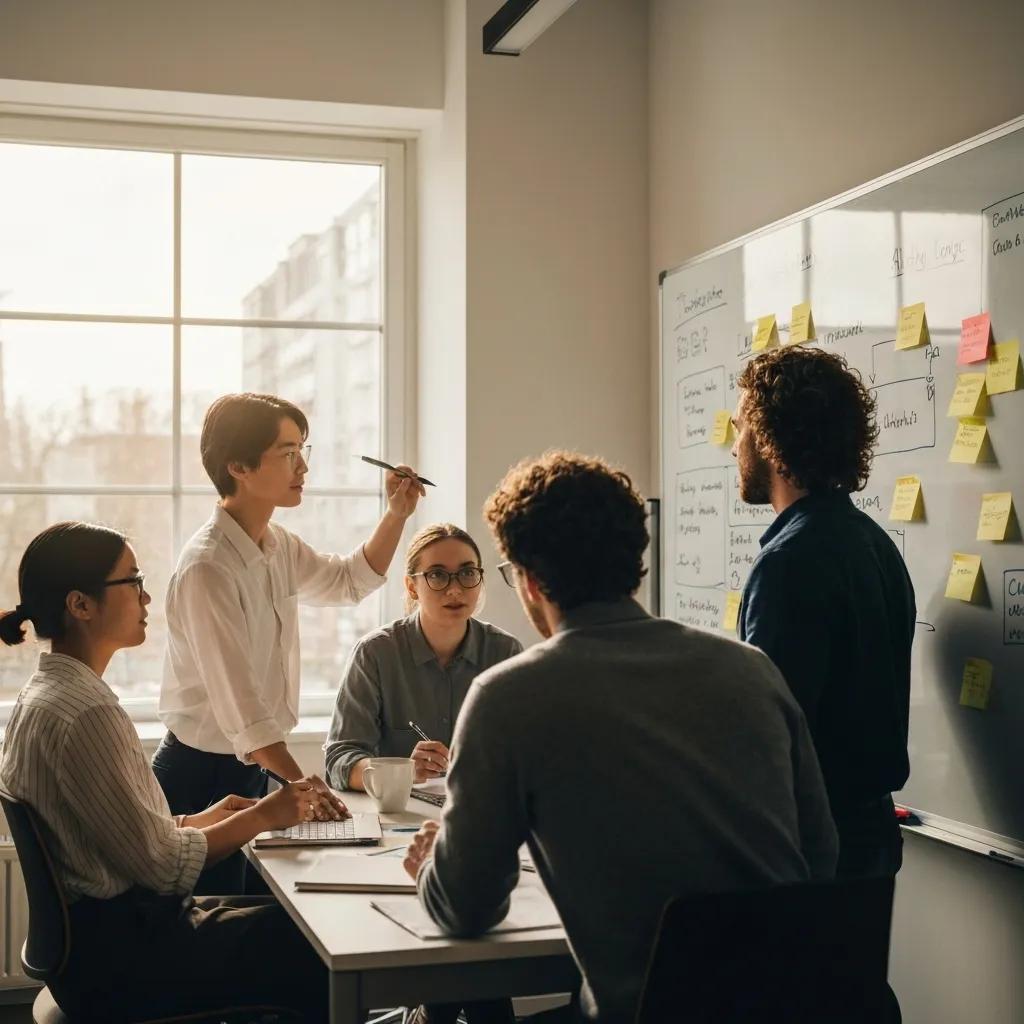 Team discussing AI trading strategies in a collaborative office environment
