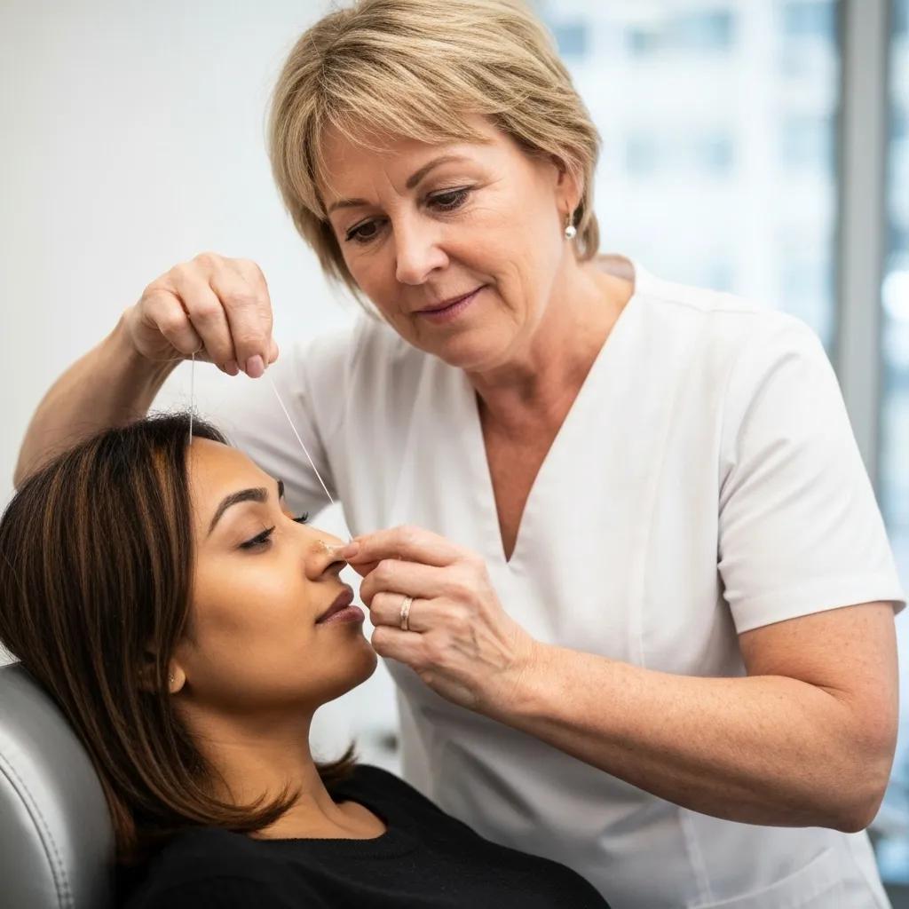 Esthetician demonstrating the precise eyebrow threading technique on a client, highlighting skill and accuracy within a beauty salon setting