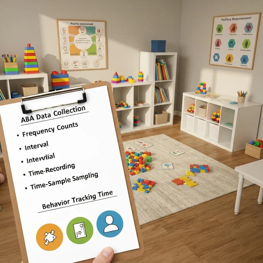 Clipboard displaying ABA data collection methods alongside a vibrant behavior tracking chart