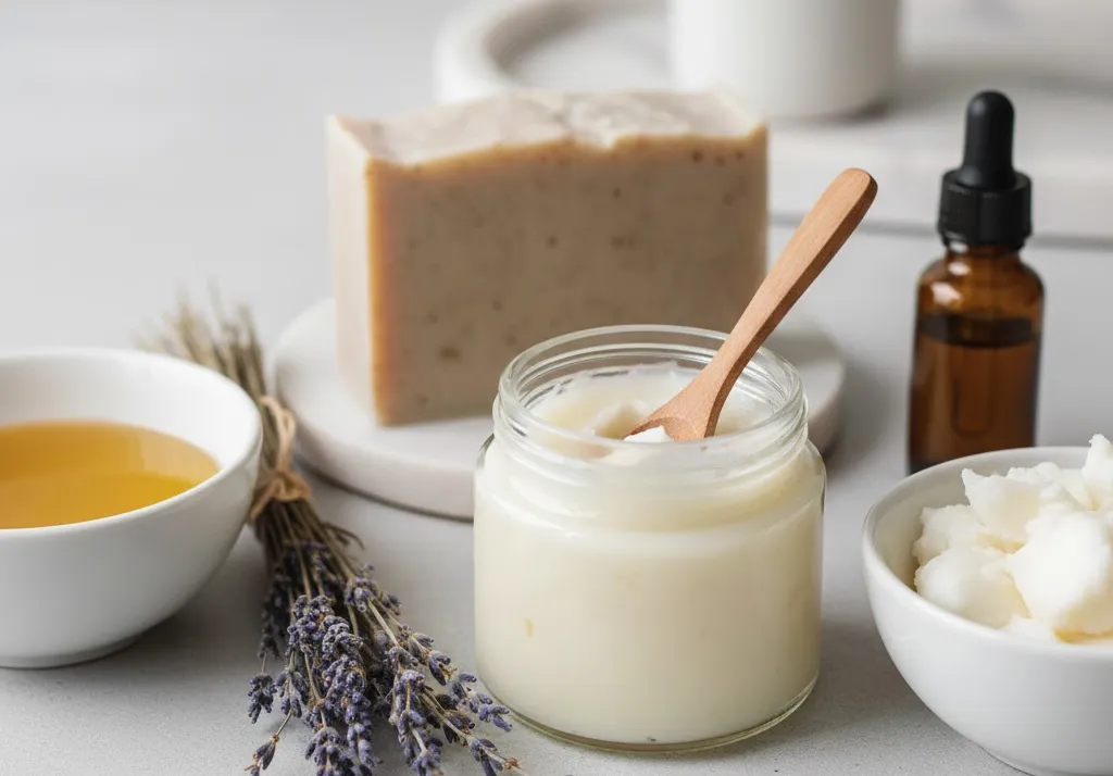 A close-up of a jar of homemade, creamy white tallow skincare balm with a small wooden spoon, surrounded by DIY skincare ingredients including a rustic bar of soap, a bowl of yellow oil, a bowl of solid white fat (tallow), a dark amber dropper bottle, and a small bundle of dried lavender flowers.