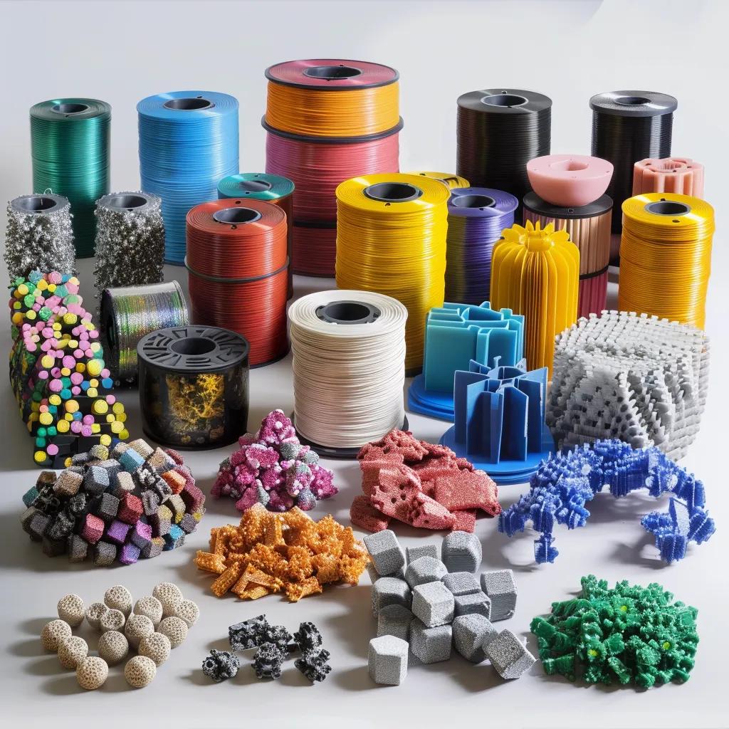 Variety of 3D printing materials including plastics, metals, and composites